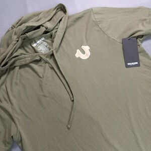 NWT True Religion Mens Olive Green Short Sleeve Hoodie Buddha Graphic Tee Size L